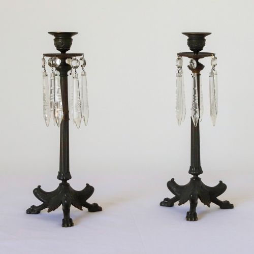 pair of bronze candlesticks with crystal drops - CATEGORY: ANTIQUE LIGHTING - DATED 19TH CENTURY