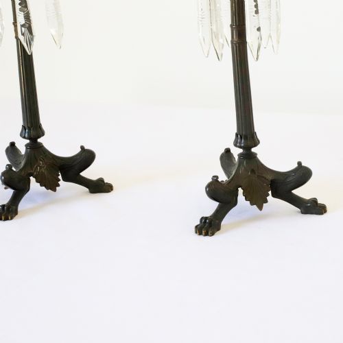 PAIR OF BRONZE CANDLESTICKS WITH CRYSTAL DROPS - ADDITIONAL PHOTO 1