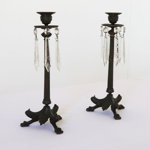 PAIR OF BRONZE CANDLESTICKS WITH CRYSTAL DROPS - ADDITIONAL PHOTO 5