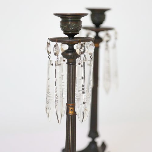 PAIR OF BRONZE CANDLESTICKS WITH CRYSTAL DROPS - ADDITIONAL PHOTO 6