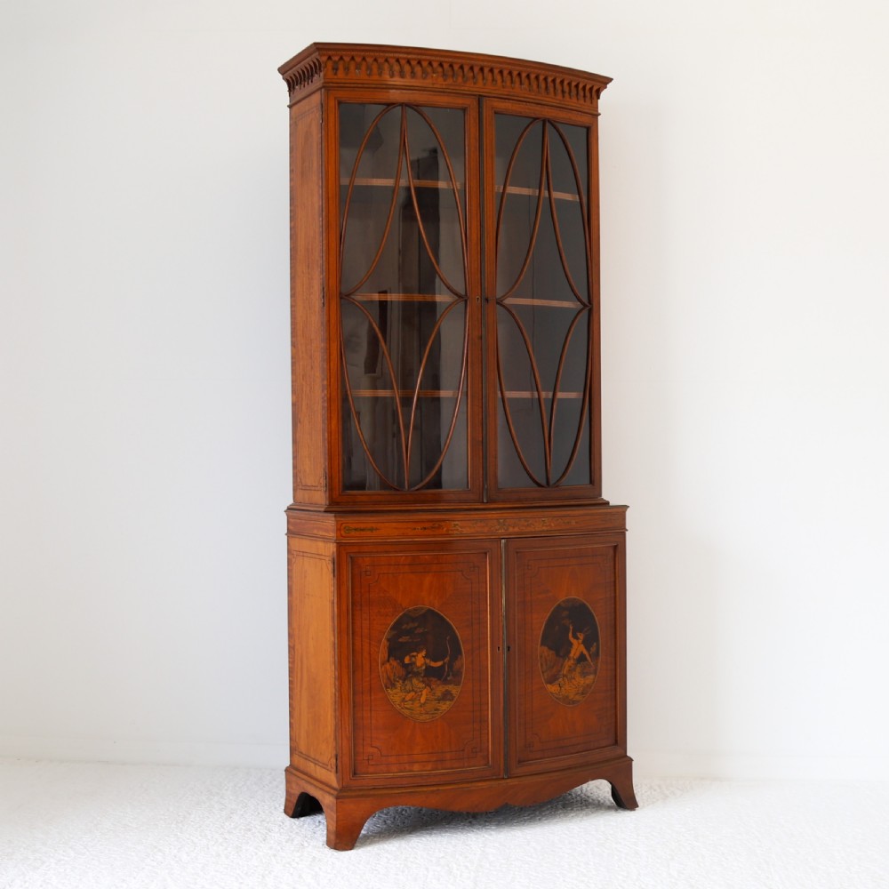 Satinwood Bowfront Bookcase with Inlaid Doors