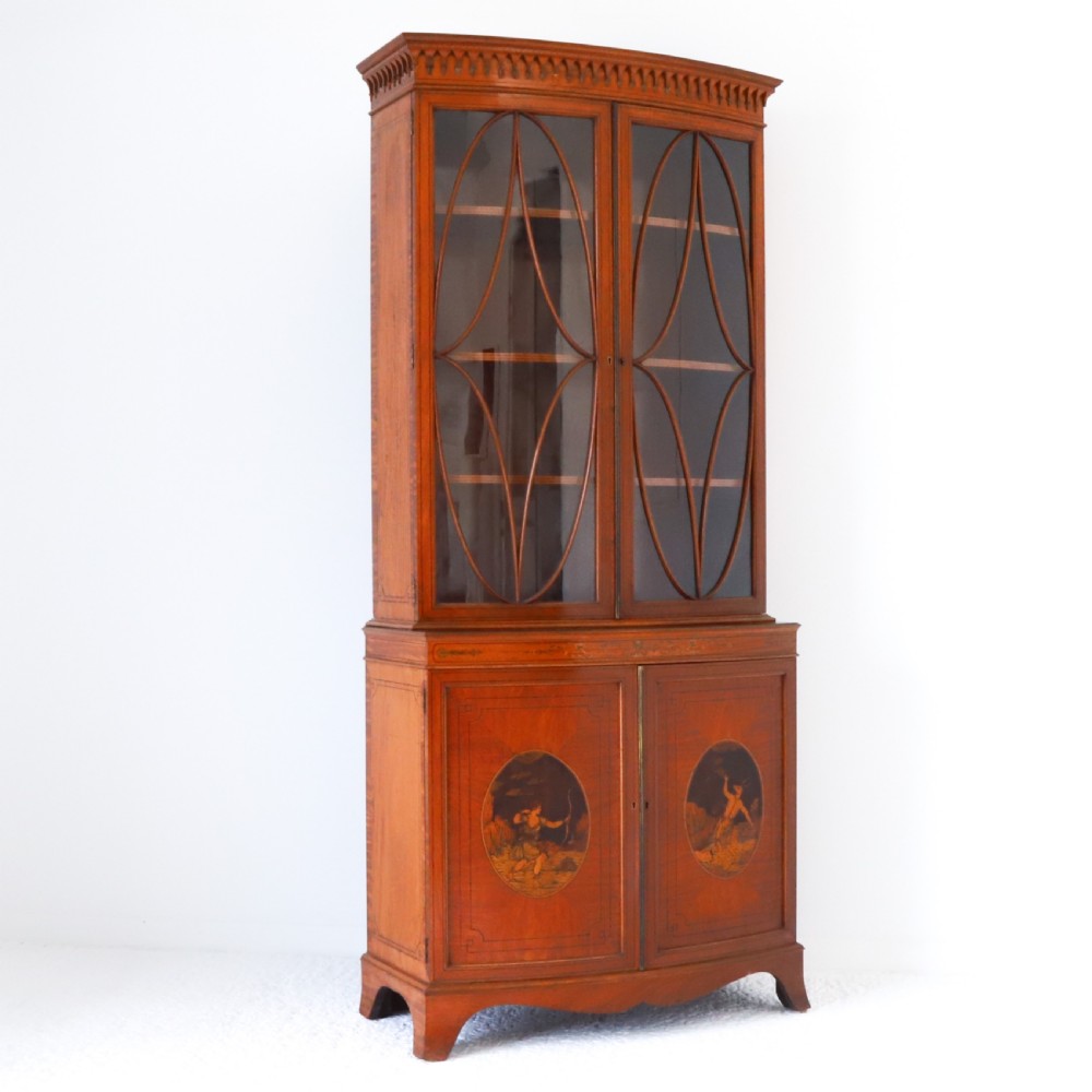 Satinwood Bowfront Bookcase with Inlaid Doors View XIV
