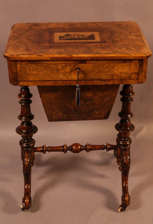 A Good Victorian Ladies Sewing Table Inlaid with Castle Ruins