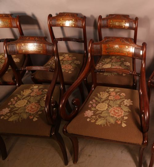 A TOP QUALITY SET OF 8 REGENCY BRASS INLAID DINING CHAIRS - ADDITIONAL PHOTO 3