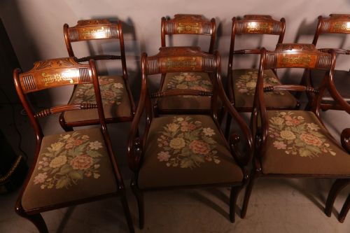 A TOP QUALITY SET OF 8 REGENCY BRASS INLAID DINING CHAIRS - ADDITIONAL PHOTO 4