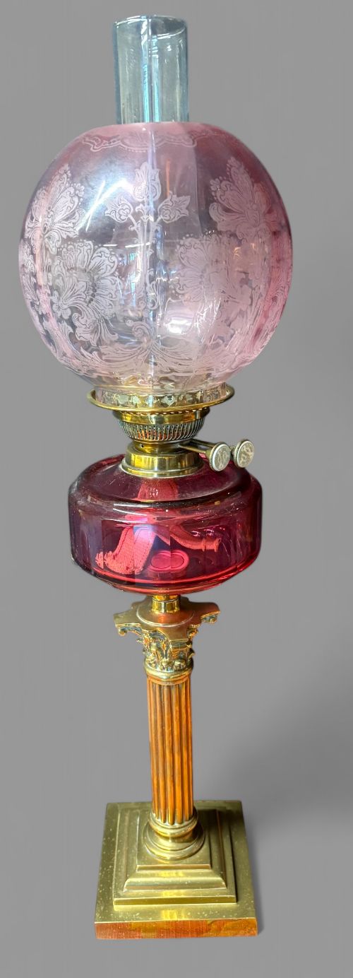 A SUPERB VICTORIAN OIL LAMP CRANBERRY VESSEL