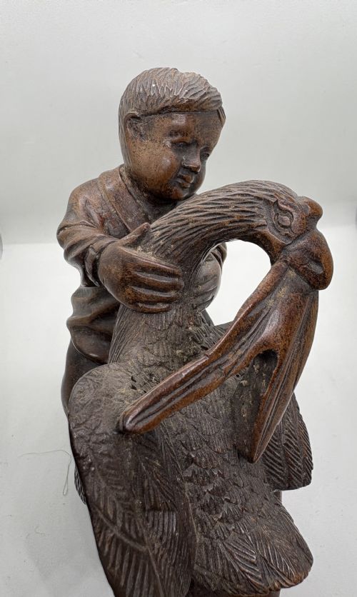 SUPERB BLACK FOREST CARVING OF BOY WITH PHOENIX - ADDITIONAL PHOTO 3