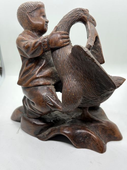 SUPERB BLACK FOREST CARVING OF BOY WITH PHOENIX - ADDITIONAL PHOTO 1