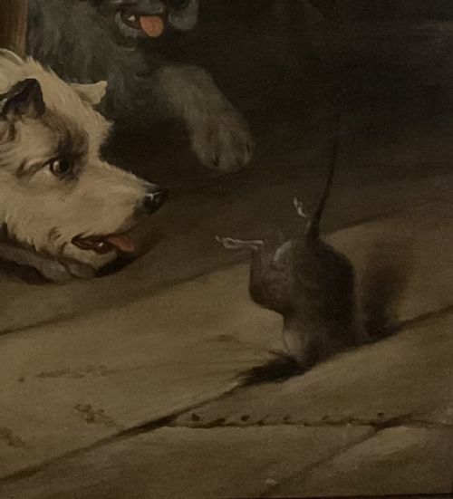 A WONDERFUL OIL ON CANVAS OF TWO TERRIERS JUST MISSING THE RAT - ADDITIONAL PHOTO 1