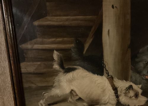 A WONDERFUL OIL ON CANVAS OF TWO TERRIERS JUST MISSING THE RAT - ADDITIONAL PHOTO 2