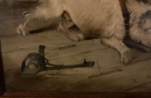 A WONDERFUL OIL ON CANVAS OF TWO TERRIERS JUST MISSING THE RAT - ADDITIONAL PHOTO 5