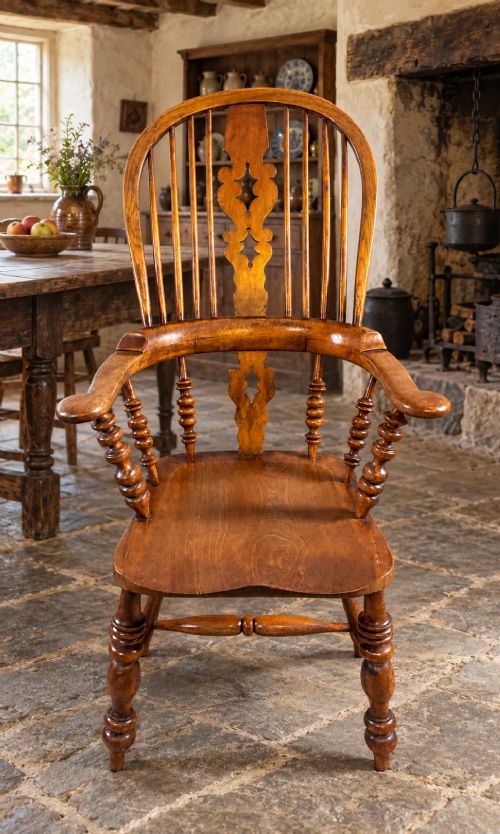 An antique Victorian wooden Windsor armchair featuring a hoop back, a central pierced splat, broad curved armrests, a shaped saddle seat, and turned legs. View VII