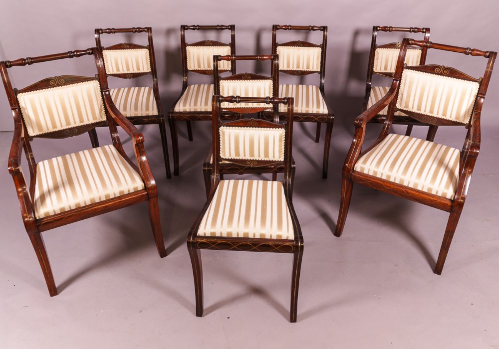 A Good set of 8 Regency brass inlaid dining chairs c 1820