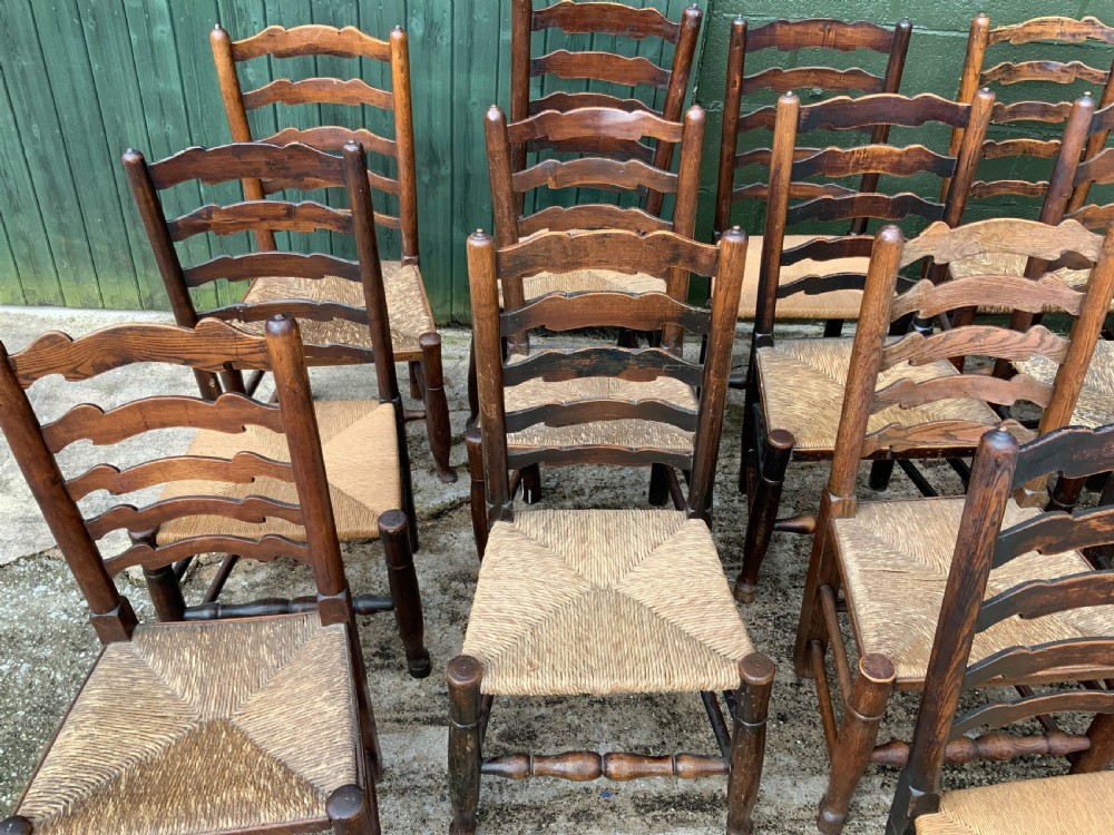A Harlequin Set of 15 19th century ladder back dining chairs View II