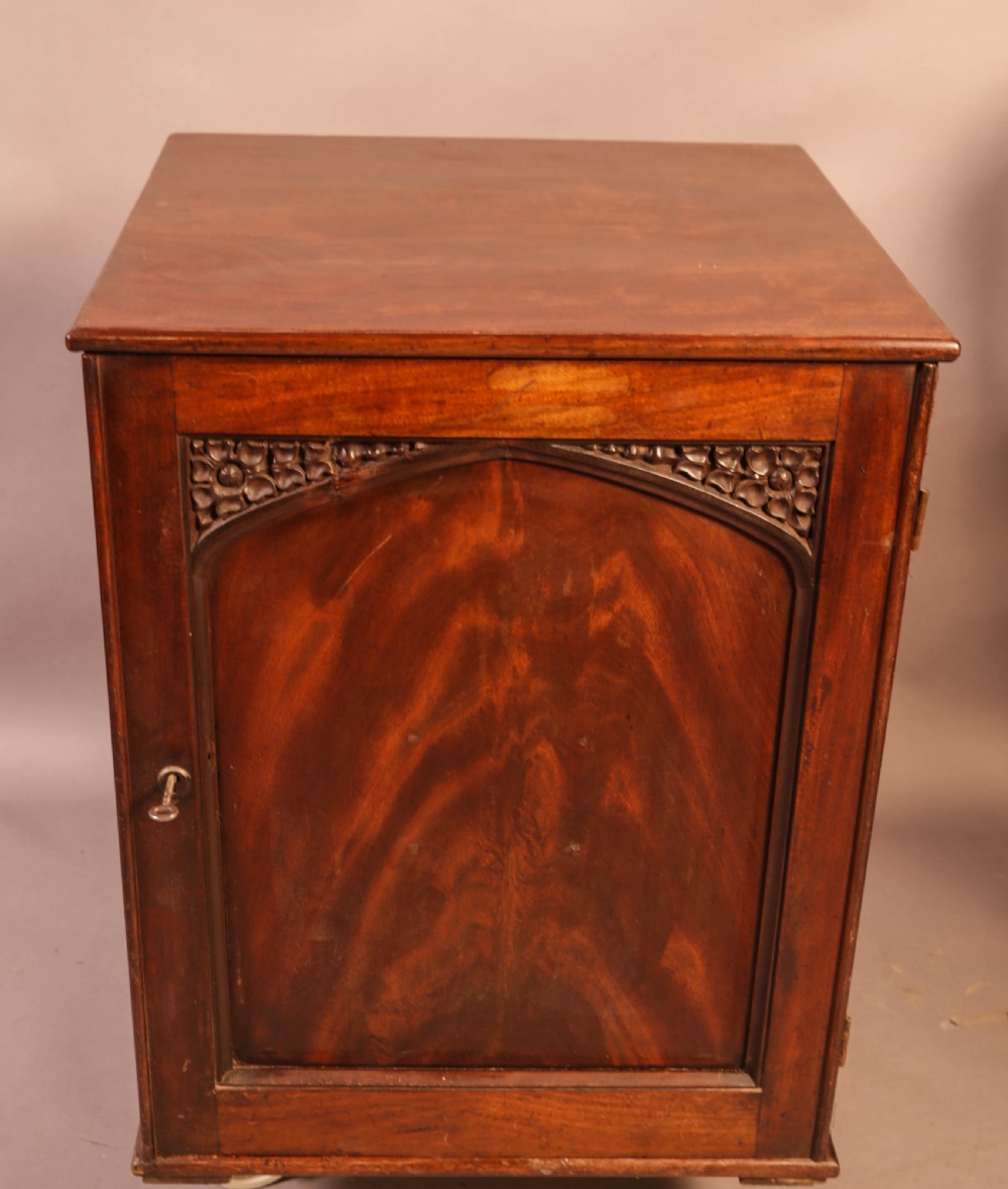 A rich brown mahogany Victorian collectors cabinet with a arched panel door and carved spandrels.
