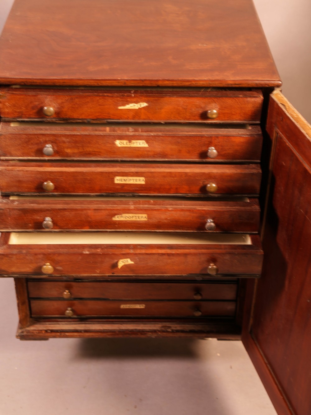 A rich brown mahogany Victorian collectors cabinet with a arched panel door and carved spandrels. View VI