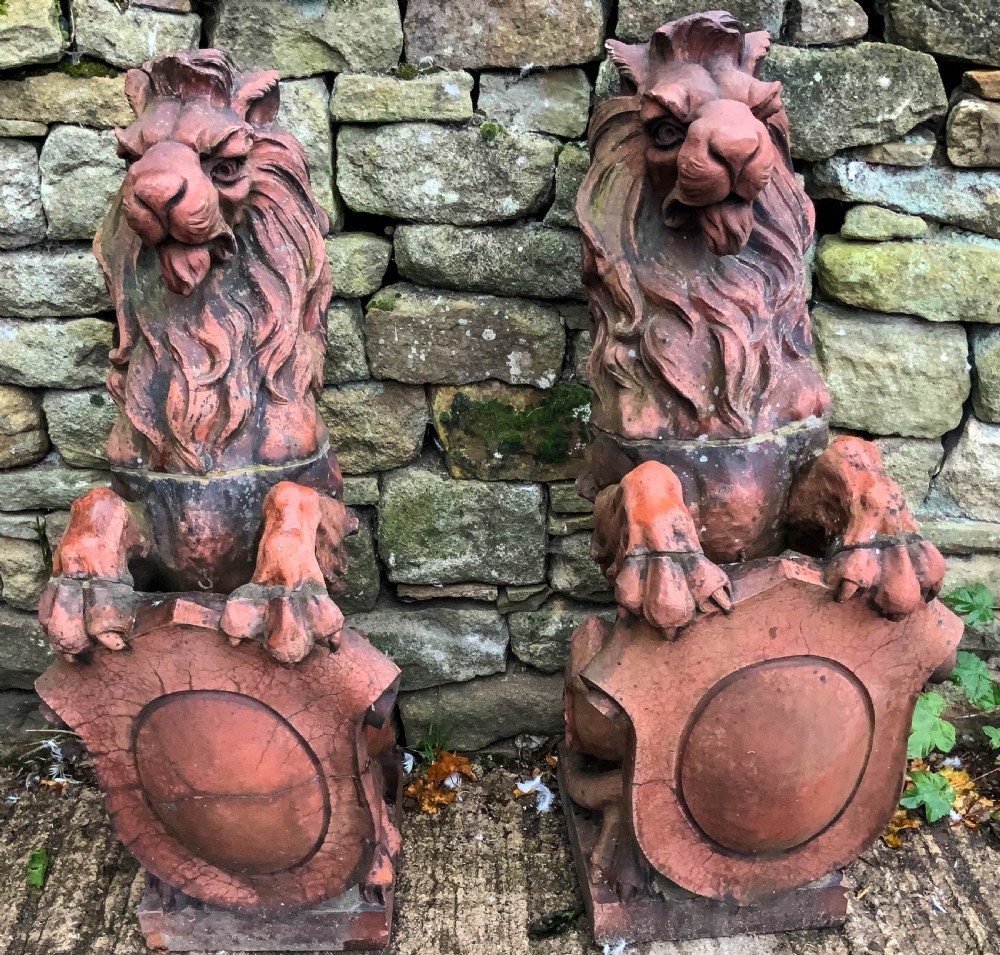 Very Large Pair of Terracotta Lions Victorian View II
