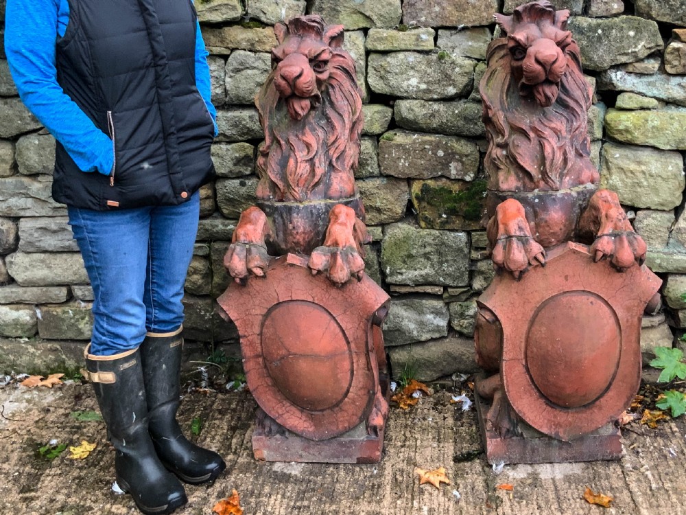 Very Large Pair of Terracotta Lions Victorian View III