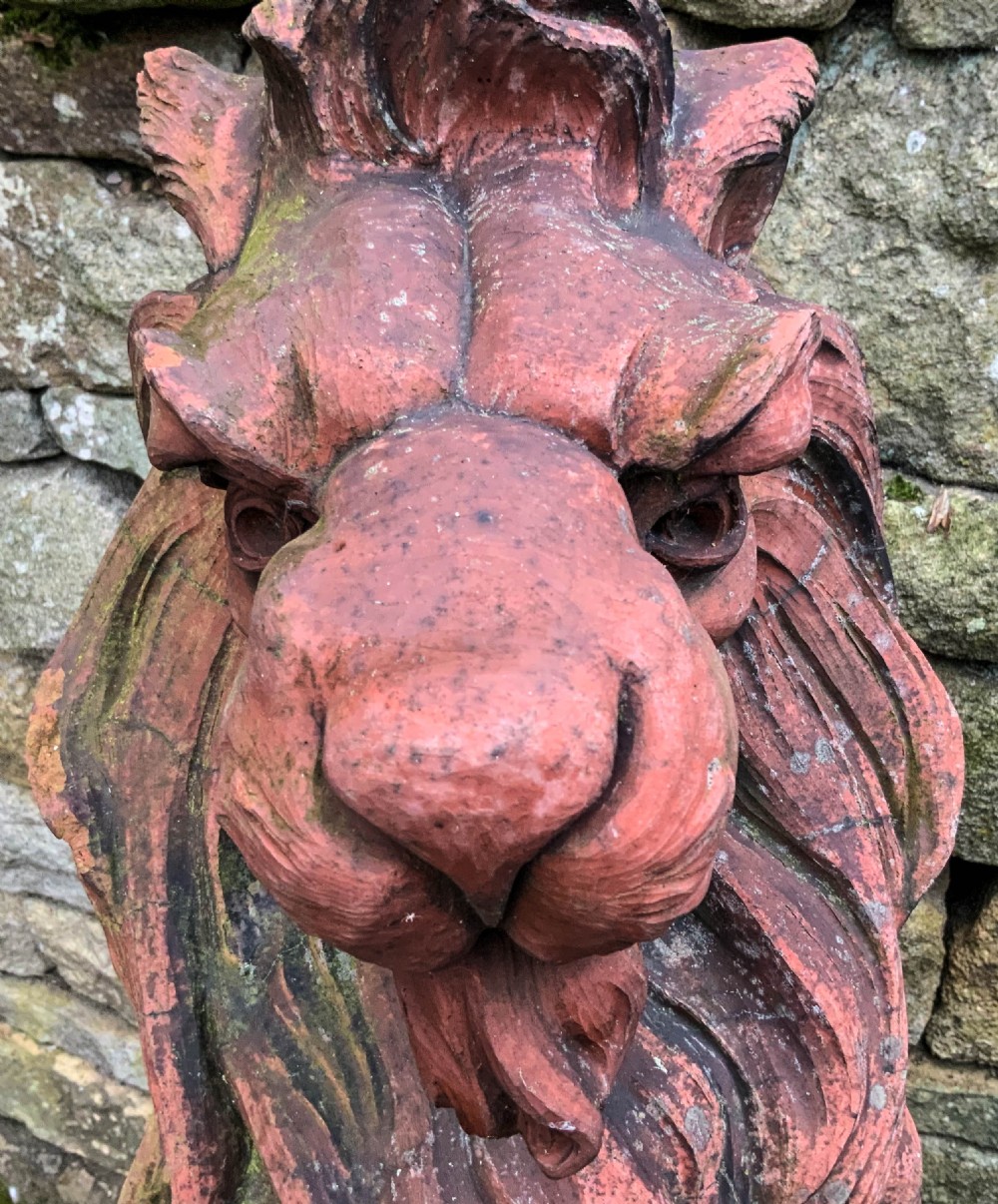 Very Large Pair of Terracotta Lions Victorian View XI