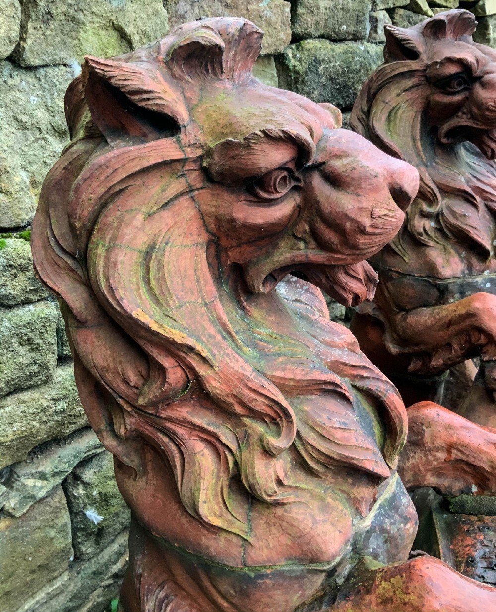 Very Large Pair of Terracotta Lions Victorian View XIII