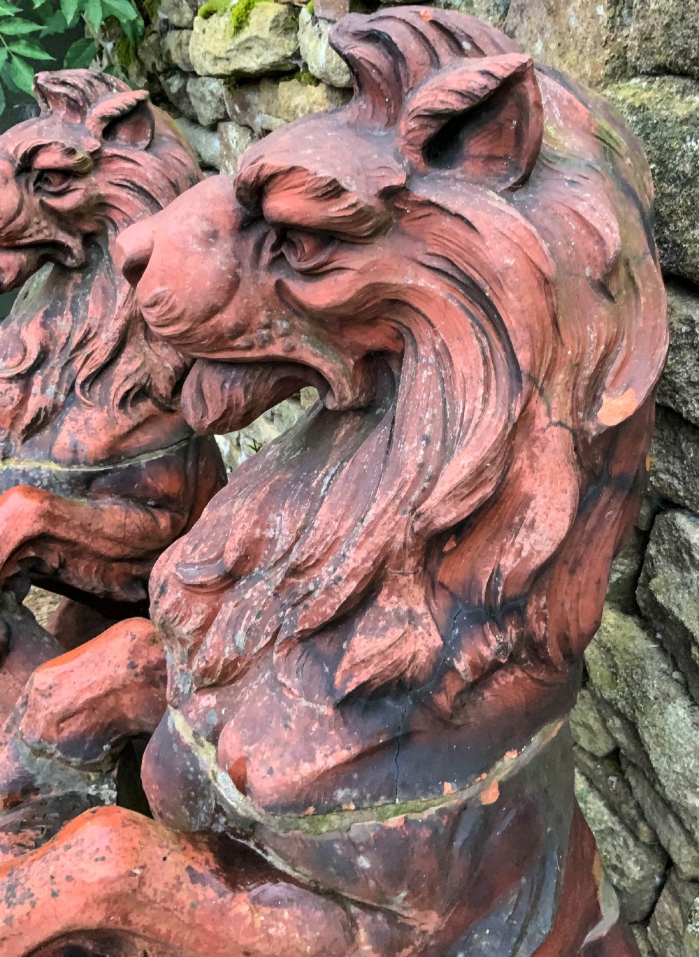 Very Large Pair of Terracotta Lions Victorian View XIV