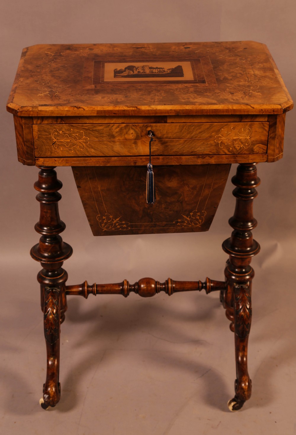 A Good Victorian Ladies Sewing Table inlaid with castle ruins