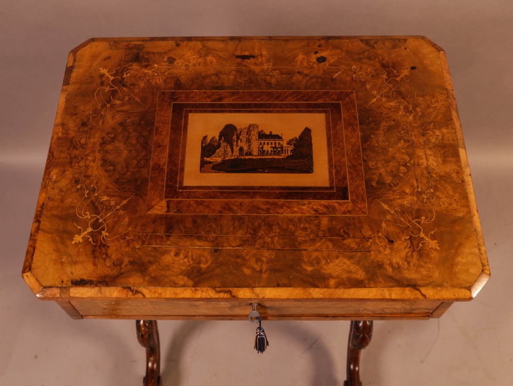A Good Victorian Ladies Sewing Table inlaid with castle ruins View II