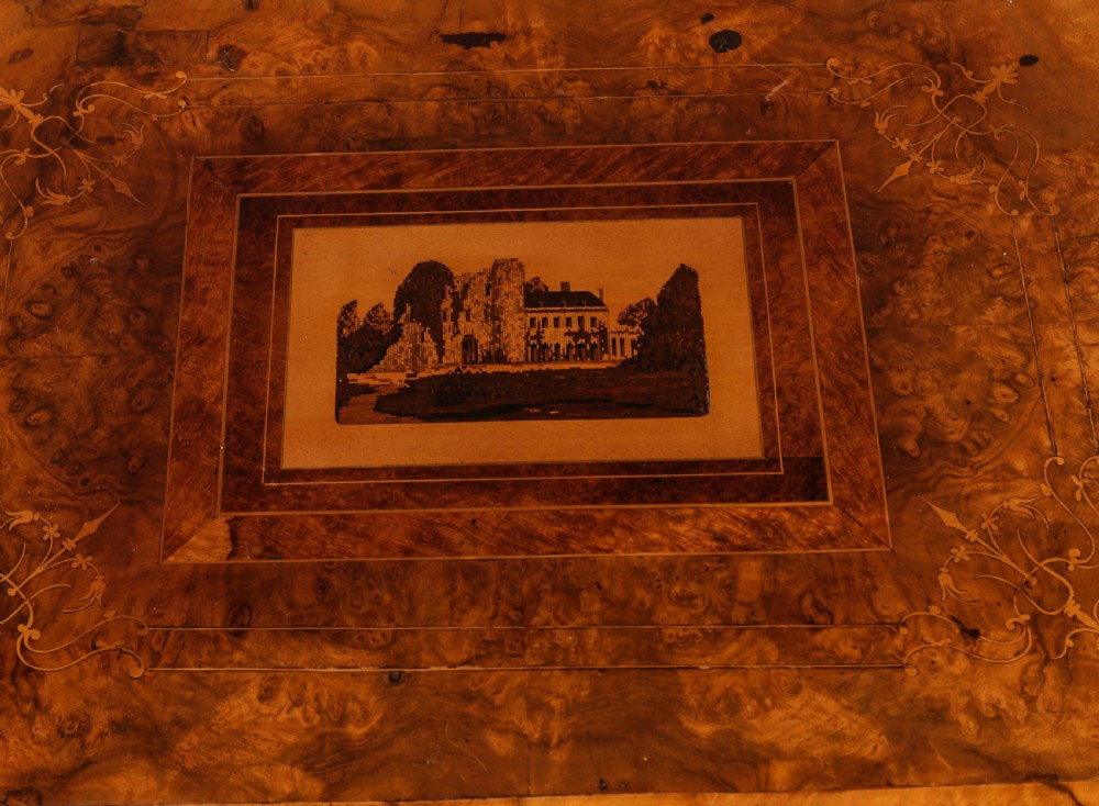 A Good Victorian Ladies Sewing Table inlaid with castle ruins View III