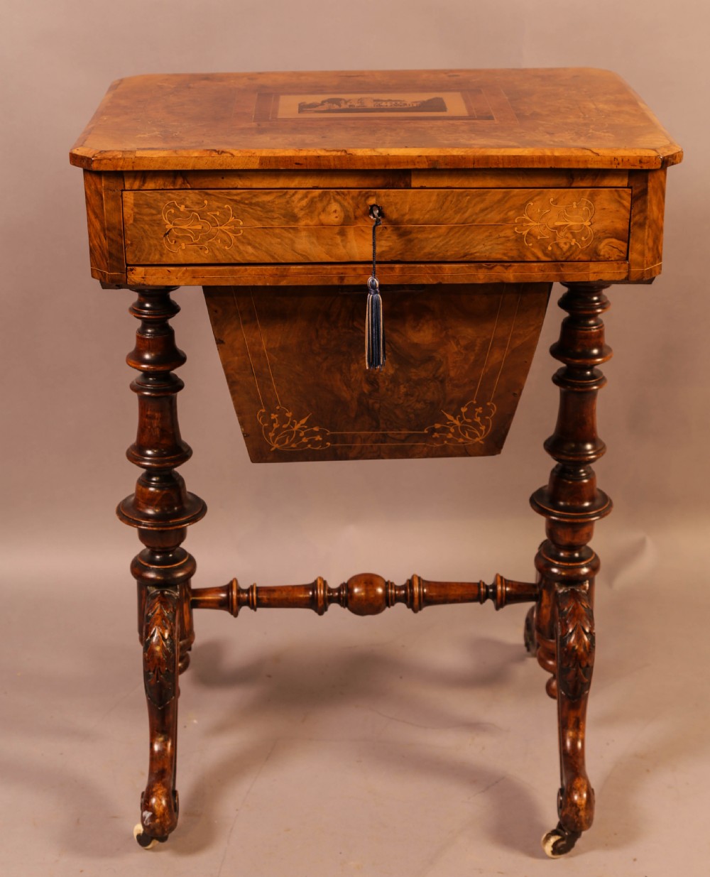 A Good Victorian Ladies Sewing Table inlaid with castle ruins View IV