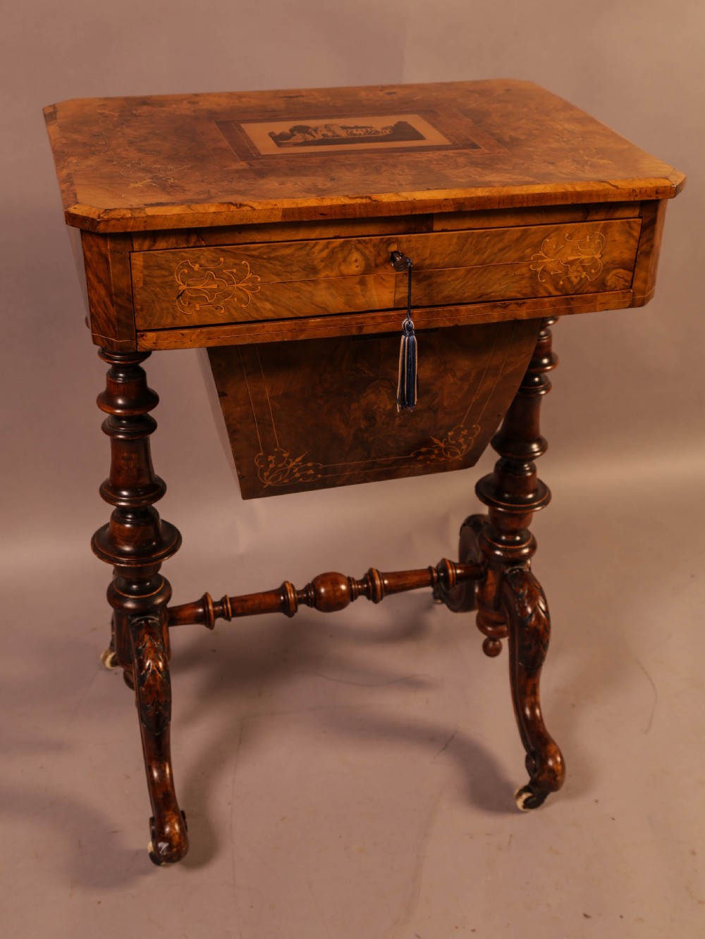 A Good Victorian Ladies Sewing Table inlaid with castle ruins View V