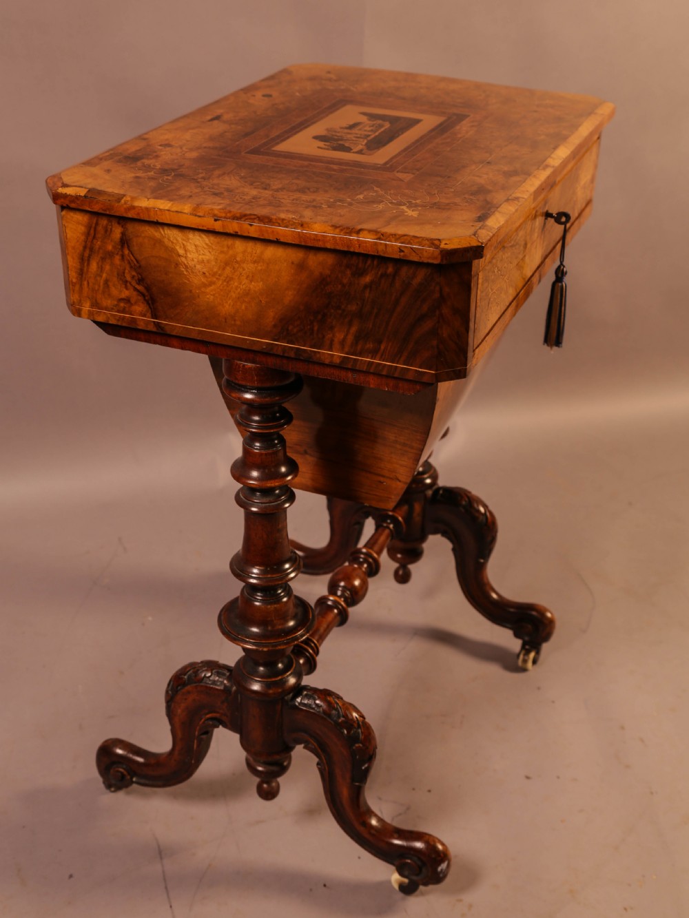 A Good Victorian Ladies Sewing Table inlaid with castle ruins View VI