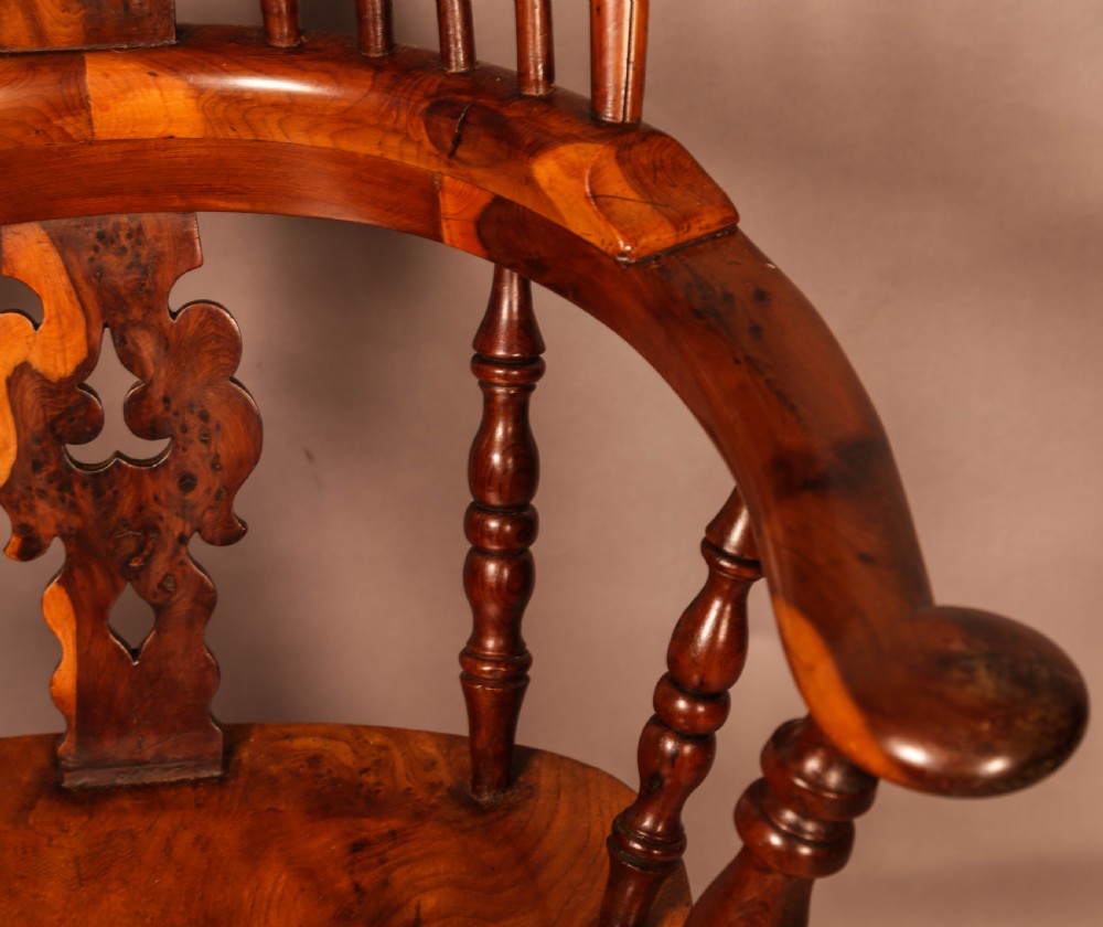 A Very rare Yew wood Broad Arm Windsor Chair Yew Seat View IX
