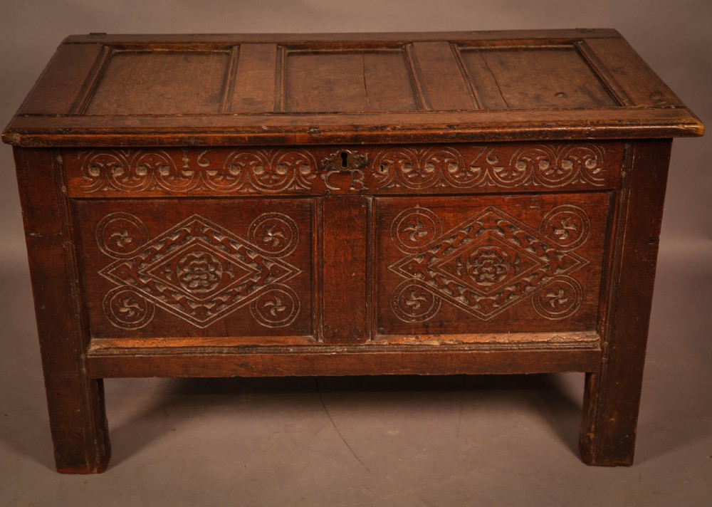 A 17TH century Oak Coffer Dated 1676 initials CR
