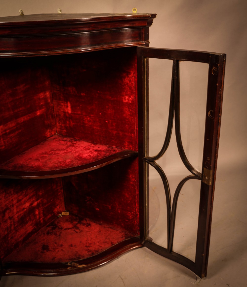 A dark mahogany wall-hanging corner cupboard featuring glazed double doors with serpentine curved fronts and decorative astragal glazing bars. View III