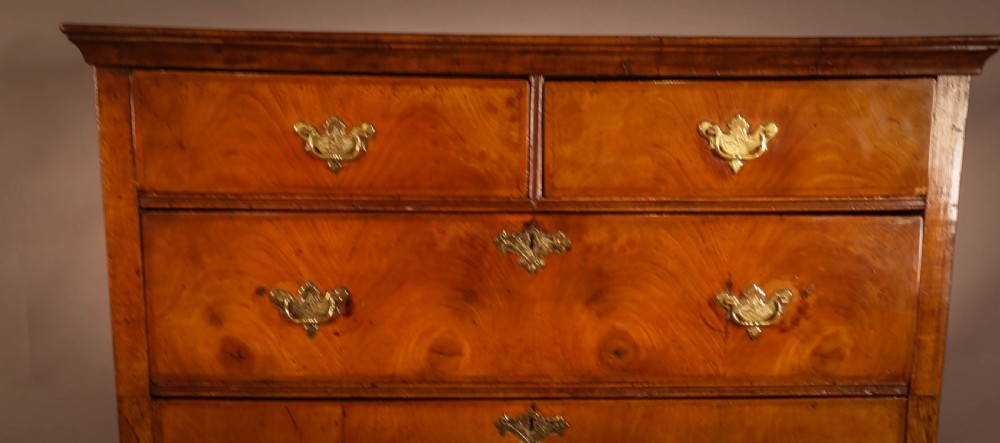 An 18th-century English walnut chest on stand featuring figured veneers, brass engraved escutcheons, a shaped apron frieze, and cabriole legs with pad feet. View V