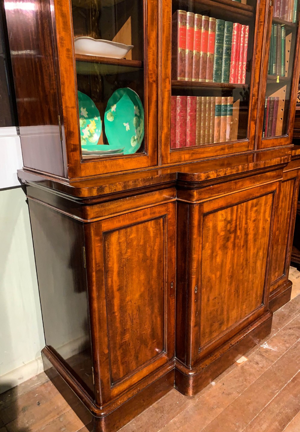 A 19th-century mahogany library bookcase featuring a carved arch pediment, glazed upper doors filled with books, and panelled cupboard doors below. View II