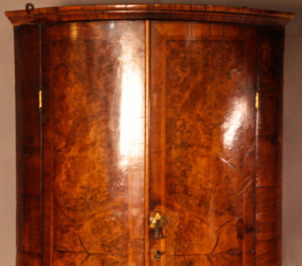 An eighteenth-century English bow-fronted corner cupboard crafted from figure-grained burr walnut with twin doors and a central brass escutcheon. View V