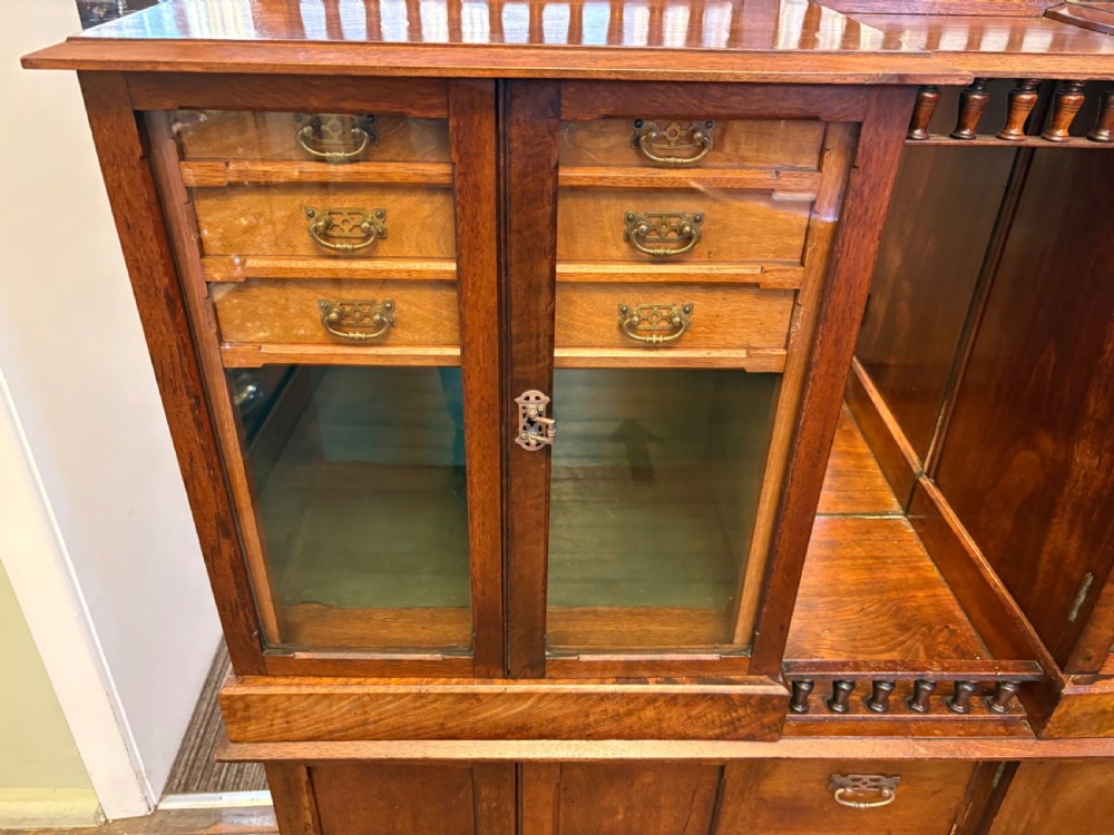 A Victorian walnut collectors cabinet featuring glazed upper doors revealing shallow specimen drawers, a spindled top gallery, a central mirrored recess, and a lower panelled cupboard base with brass handles. View II