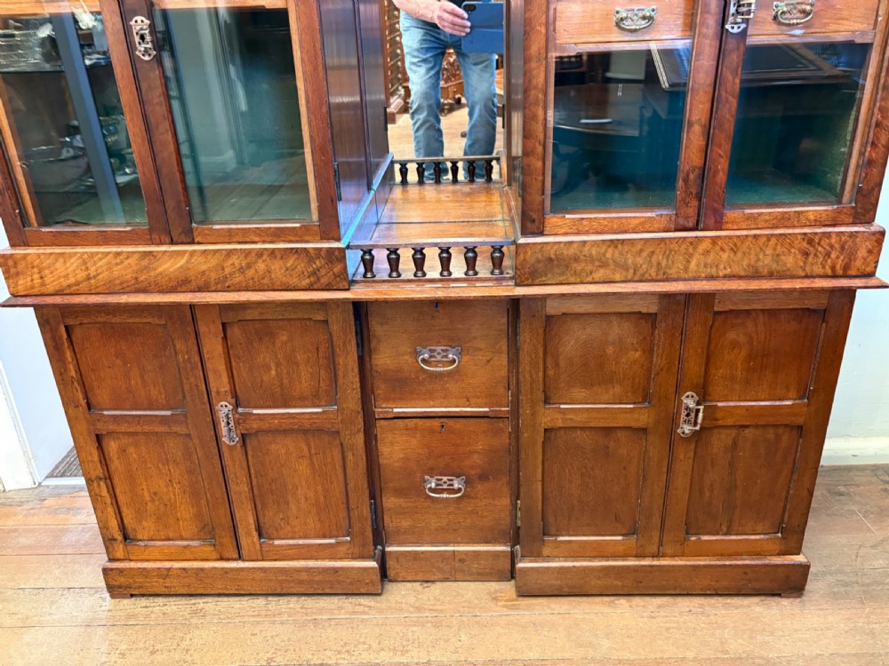 A Victorian walnut collectors cabinet featuring glazed upper doors revealing shallow specimen drawers, a spindled top gallery, a central mirrored recess, and a lower panelled cupboard base with brass handles. View V
