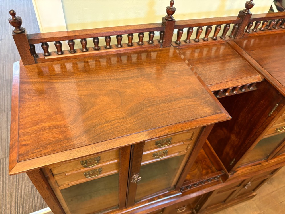 A Victorian walnut collectors cabinet featuring glazed upper doors revealing shallow specimen drawers, a spindled top gallery, a central mirrored recess, and a lower panelled cupboard base with brass handles. View IX