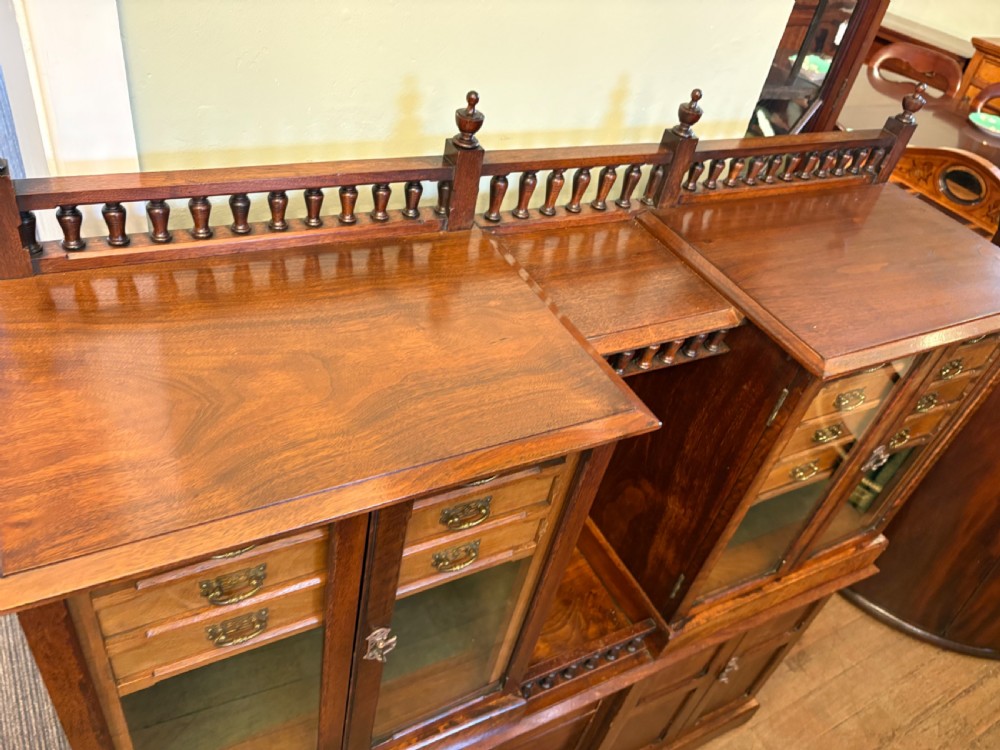 A Victorian walnut collectors cabinet featuring glazed upper doors revealing shallow specimen drawers, a spindled top gallery, a central mirrored recess, and a lower panelled cupboard base with brass handles. View X
