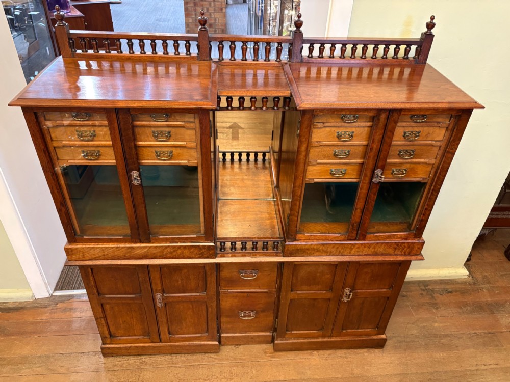 A Victorian walnut collectors cabinet featuring glazed upper doors revealing shallow specimen drawers, a spindled top gallery, a central mirrored recess, and a lower panelled cupboard base with brass handles. View XII