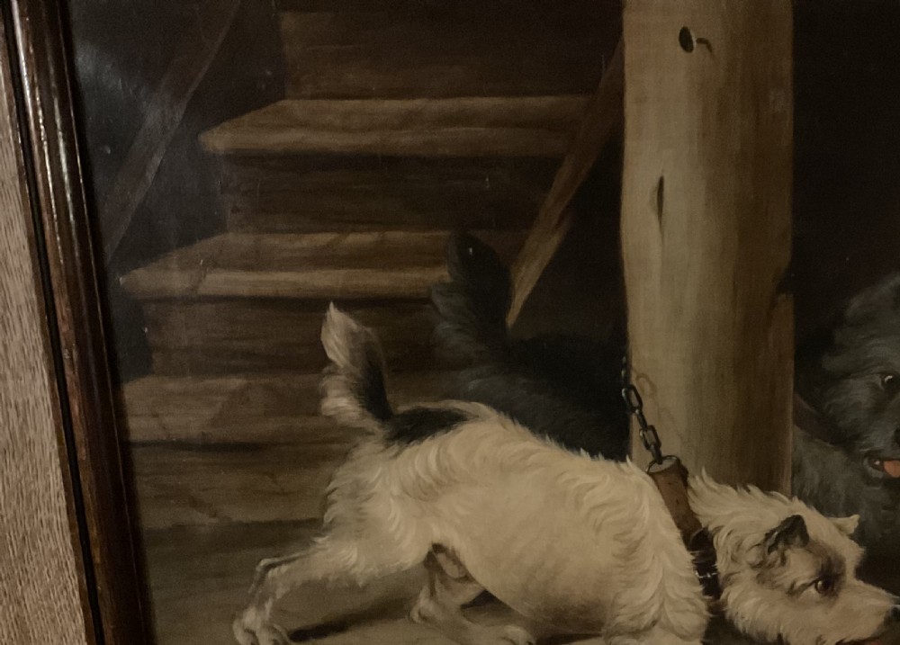 A wonderful oil on canvas of two terriers just missing the rat View III