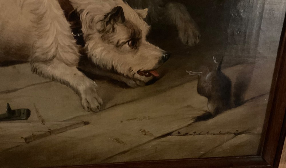 A wonderful oil on canvas of two terriers just missing the rat View IV