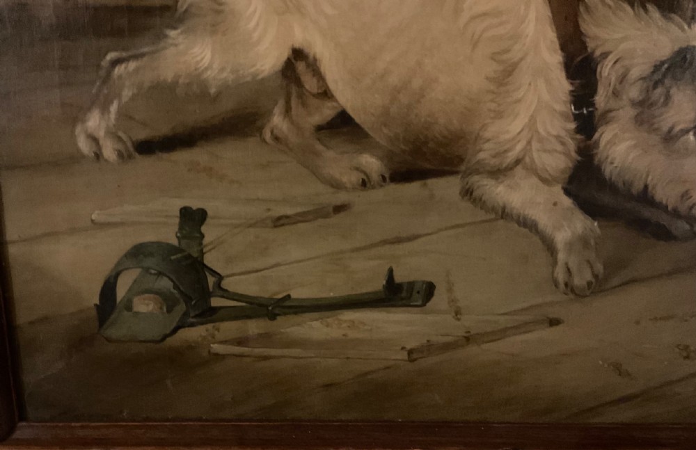 A wonderful oil on canvas of two terriers just missing the rat View VI