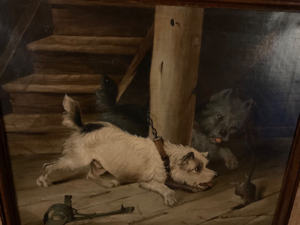 A wonderful oil on canvas of two terriers just missing the rat View VII