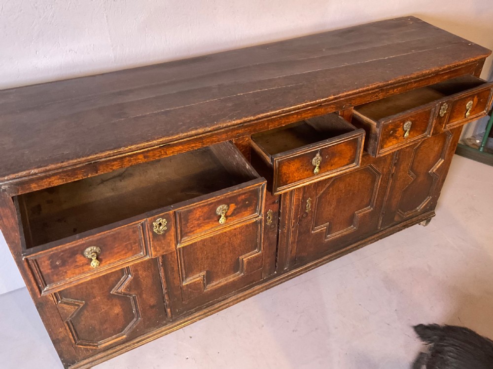 Early 18th century oak dresser geometric front panels View IV