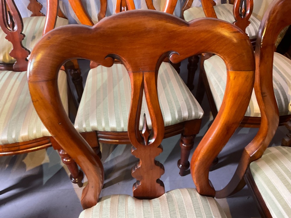 A set of twelve Victorian mahogany balloon back dining chairs featuring carved spear point splats and striped upholstered seats. View XI