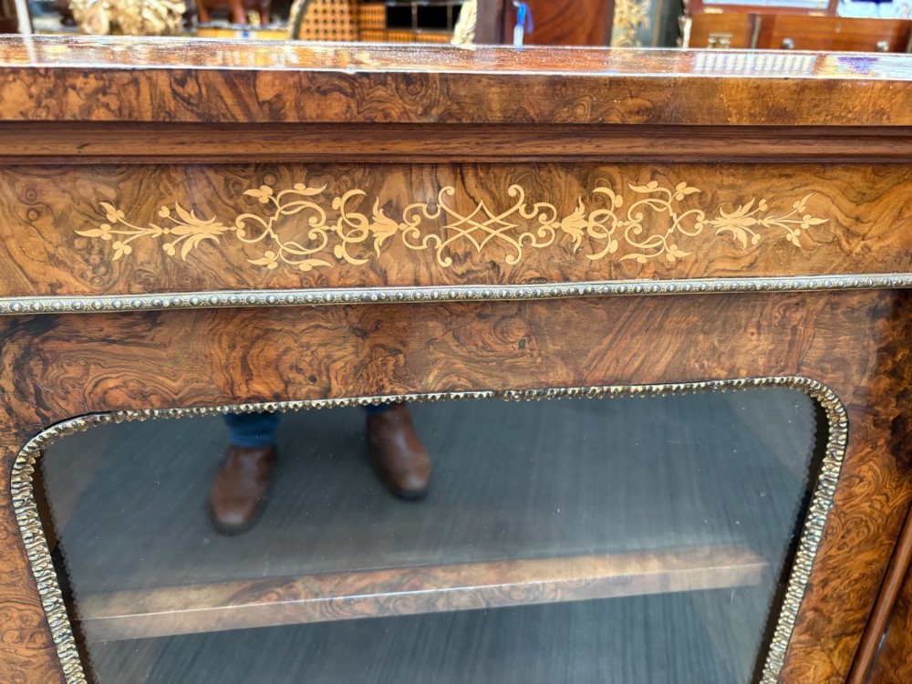 A  Victorian burr walnut and marquetry inlaid low long bookcase View IX