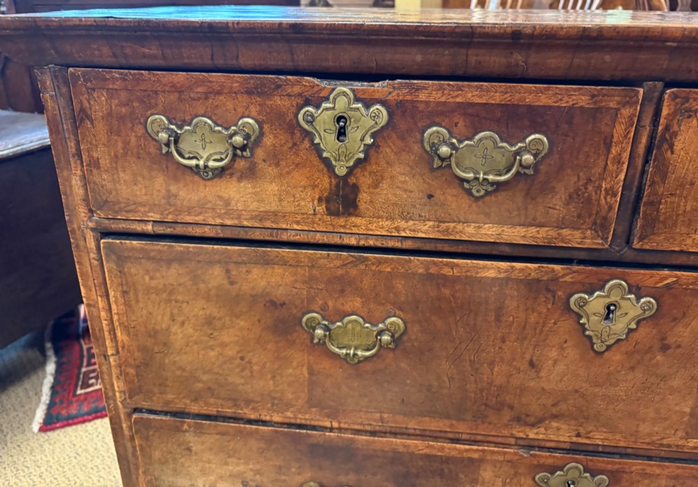 An early eighteenth-century walnut chest of drawers featuring two short drawers over two long drawers with brass drop handles and turned bun feet. View IV